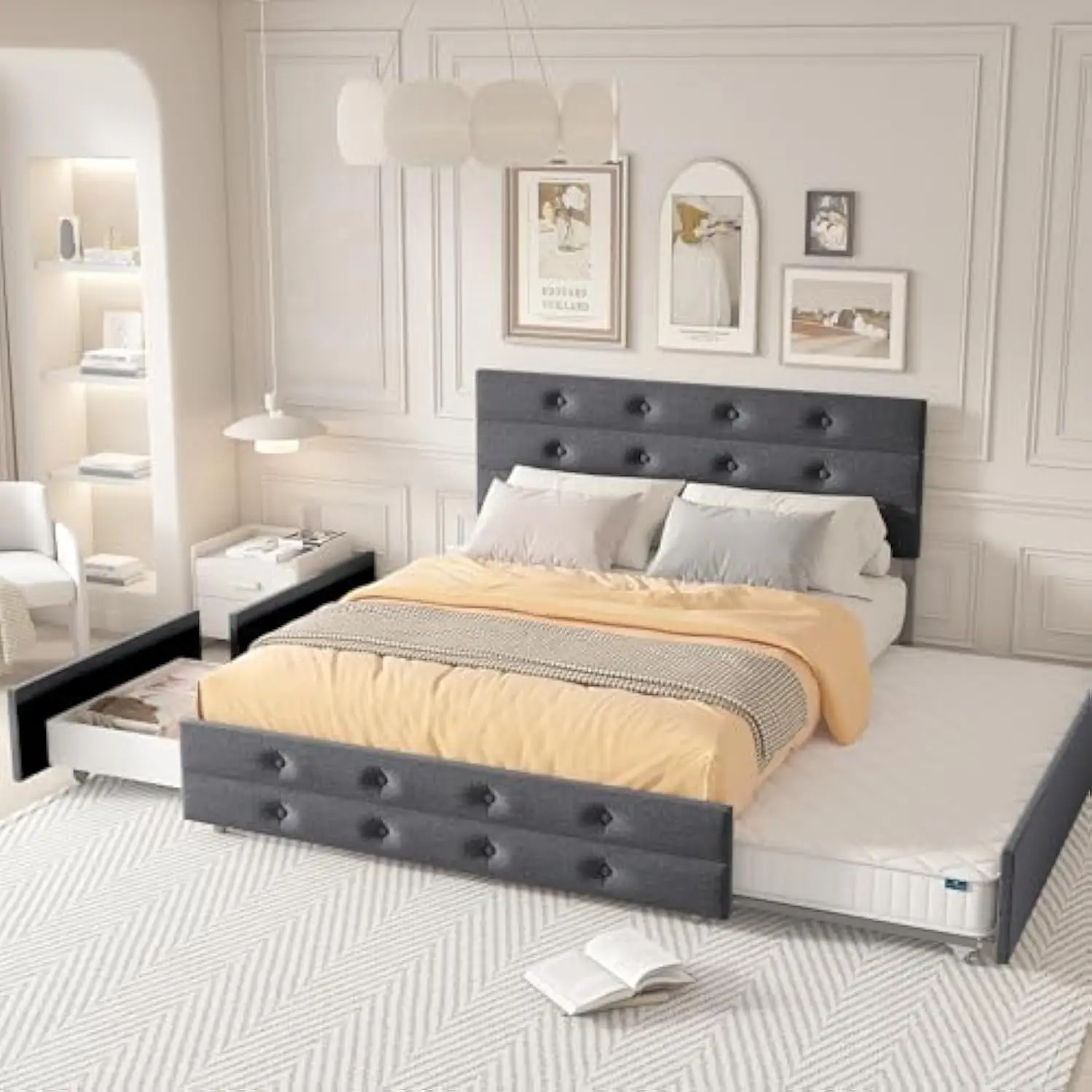 Upholstered Queen Size Platform Bed Frame with Storage Drawers and Trundle Bed, Button Tufted Headboard, Mattress Foundation wi