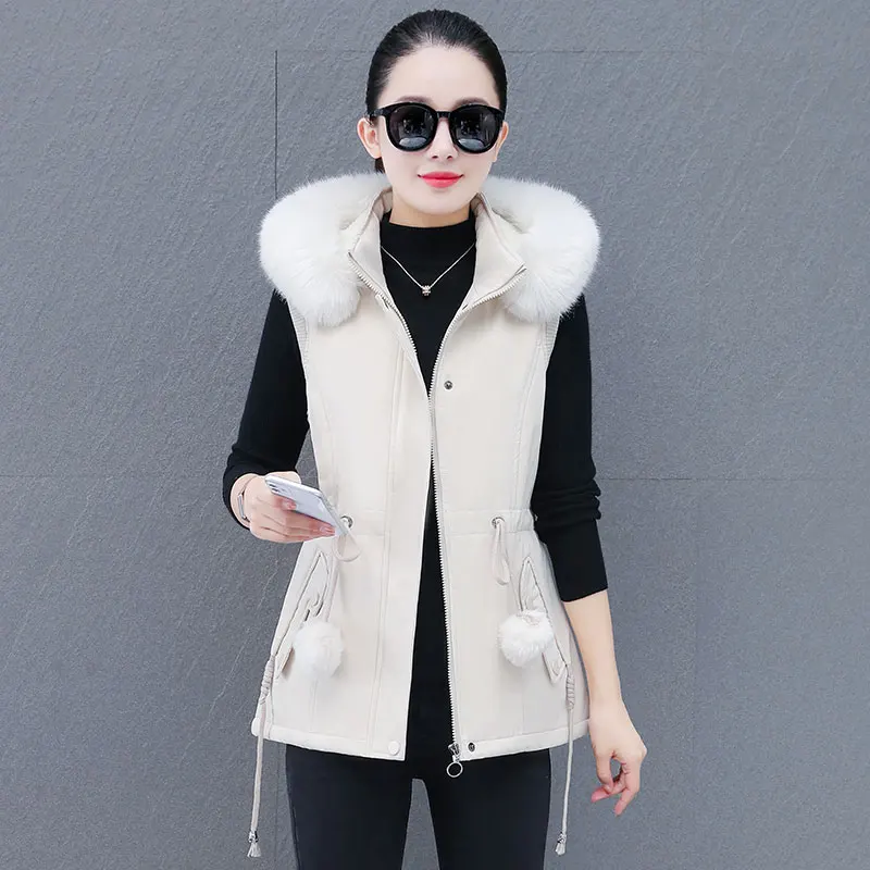 New Autumn Winter Women'S Loose Casual Fur Collar Hooded Slim Fit Slimming Coat Fashion Waist Cinching Versatile Thick Warm Vest