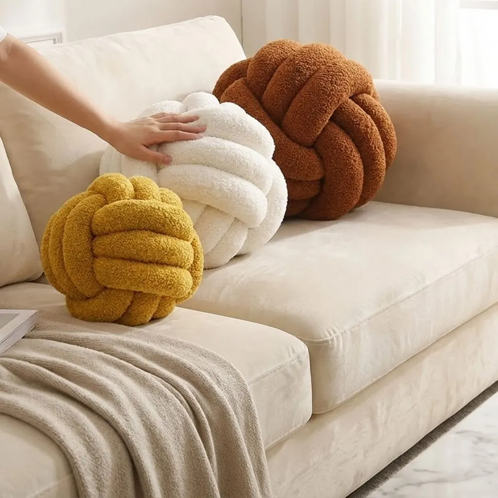 Handgewebtes geknotetes Kugel- und Lammsamt-Rollenkissen – weiches Kissen für Sofa, Bett und Wohnzimmer
