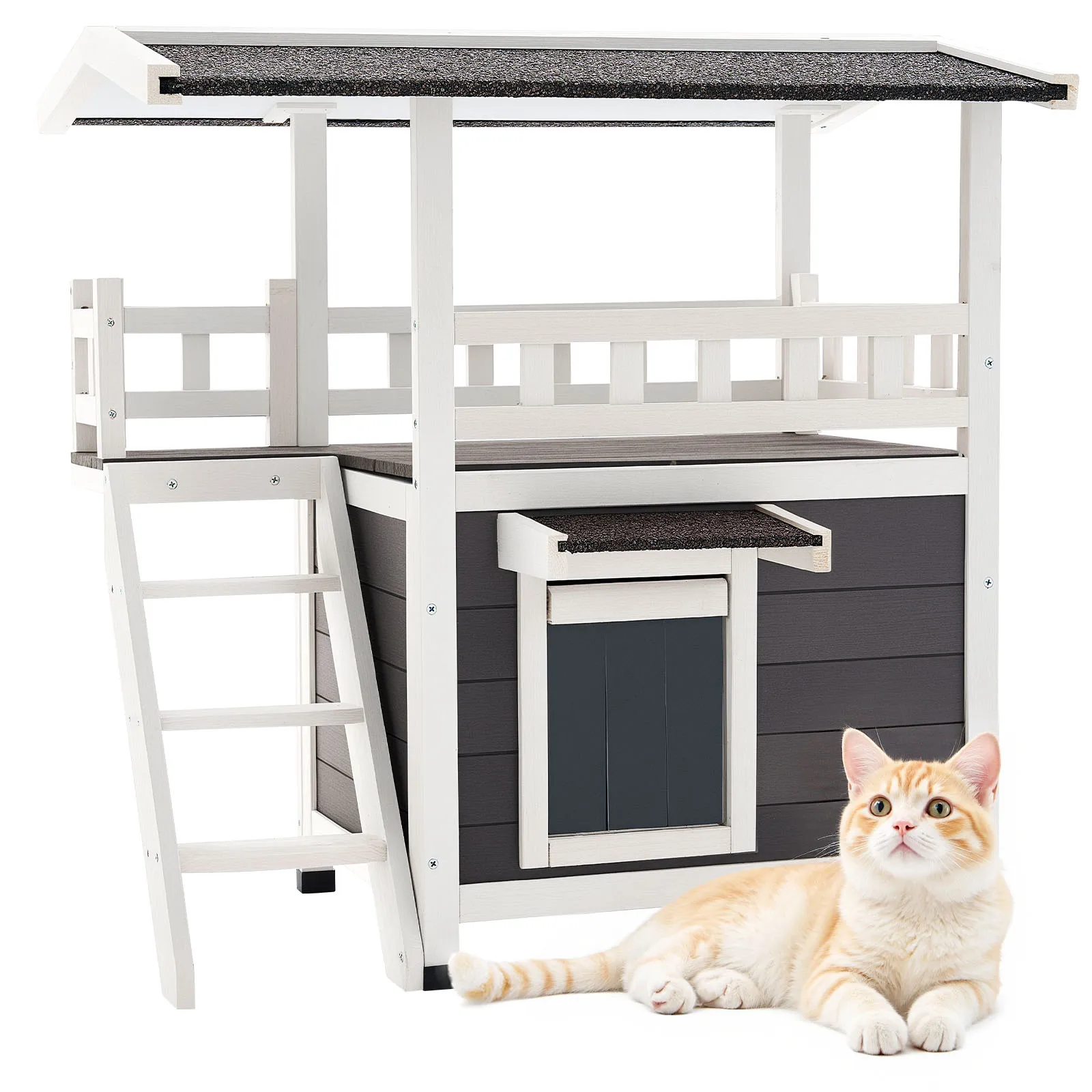 Cuccia per Gatti da Esterno SucceBuy in Legno con Scale e Balcone, Rifugio Rialzato per Gatti Randagi, Adatta per Gatti da Interno ed Esterno in Inverno