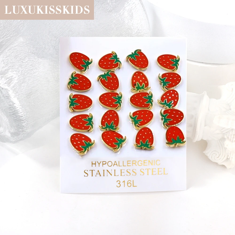 LUXUKISSKIDS Red Starwberry Earrings Sets 10pairs/Lots Cute Acrylic Studs Wholesale Steel Fashion Piercing Berry Friuts Jewelry