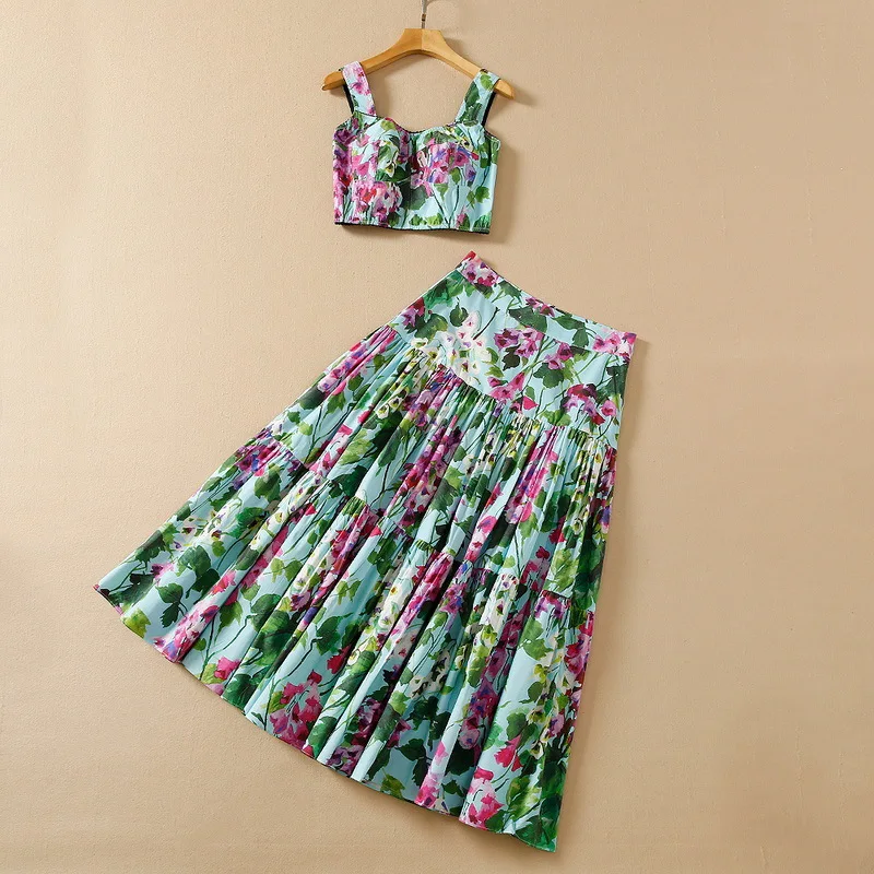 

European and American women's wear spring 2022 new Sleeveless vest Floral print cotton pleated skirt Fashion suits