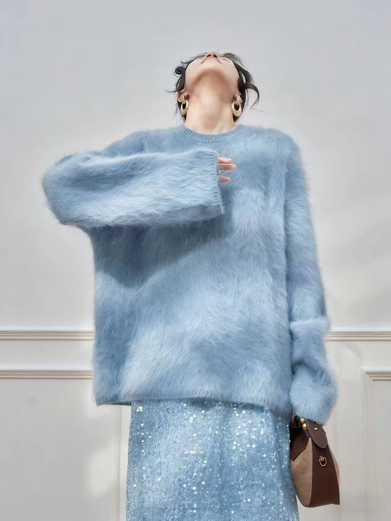 

Синий мягкий уютный вязаный свитер из кашемира для женщин, свободный крой, зимний, для ношения под одеждой, с длинными рукавами, круглый вырез, цветной