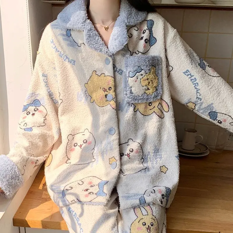 Anime Cartoon Kawaii Chiikawa Pajamas Autumn and Winter Thicken Keep Warm Long Trousers Home Service Suit Comfortable Feel Good