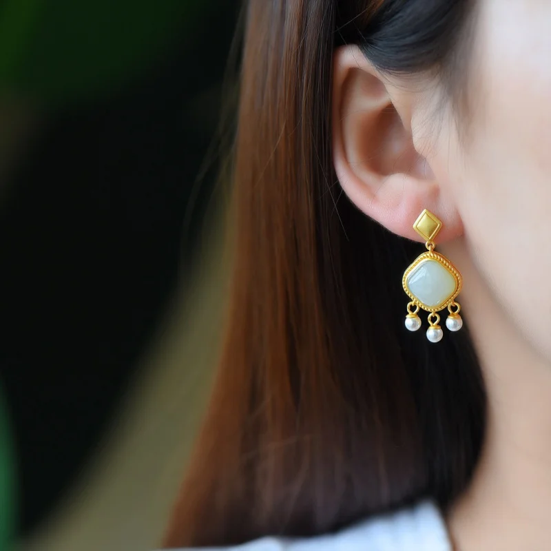 

Ancient Silver Inlaid Hetian Jade Premium Earrings