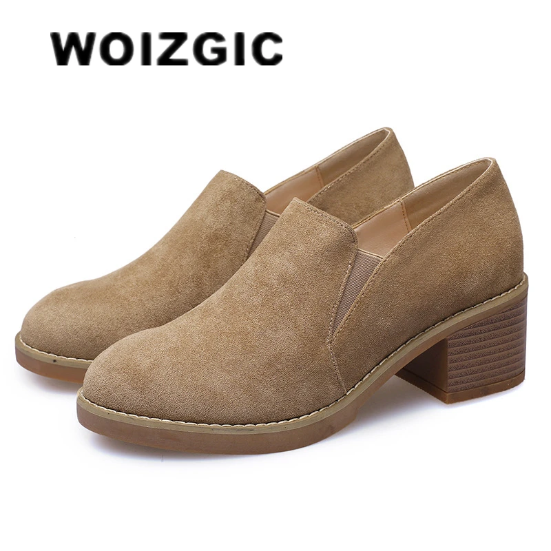 WOIZGIC Women\'s Ladies Female Woman Cow Suede Genuine Leather Ankle Shoes Flats Boots Autumn Slip On Korean Plush Fur Warm