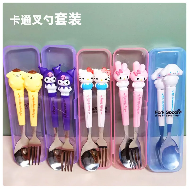 Kawail Sanrio Kuromi Spoon Fork With Box 2 piece Set Hello Kitty My Melody Stainless Steel Child Tableware Kitchen Supplies