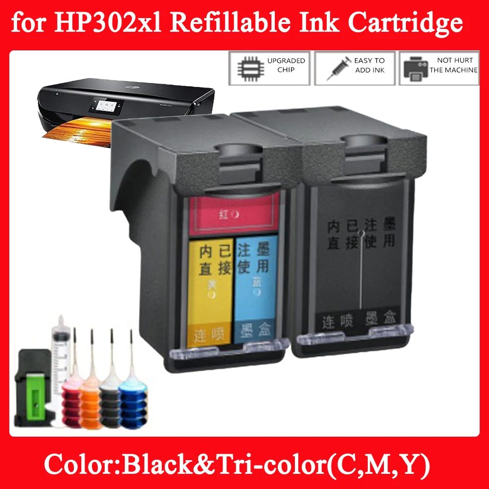For HP302 302XL Refillable Ink Cartridge Replacement for HP Deskjet 2134 2136 3630 3632 Envy 4520 4521 4522 4523 4524 Printer