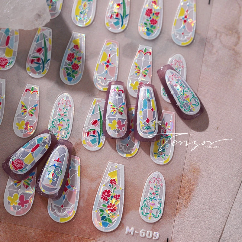 

Chinese Style Colorful Flower Butterfly Plant Bowknot Stained Glass Painting Shiny White Nail Art Stickers Shell Manicure Decals