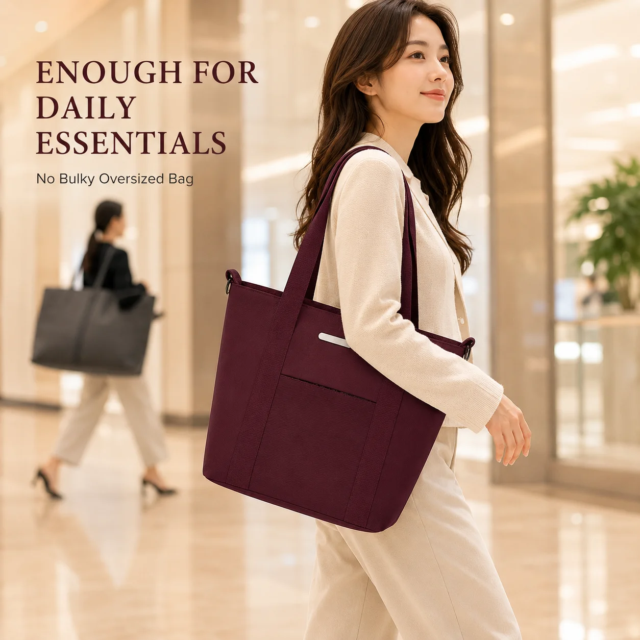 Women's Burgundy Work Tote Bag with Zipper Front Pocket Shoulder Handbag for Office Commute Shopping Daily Use