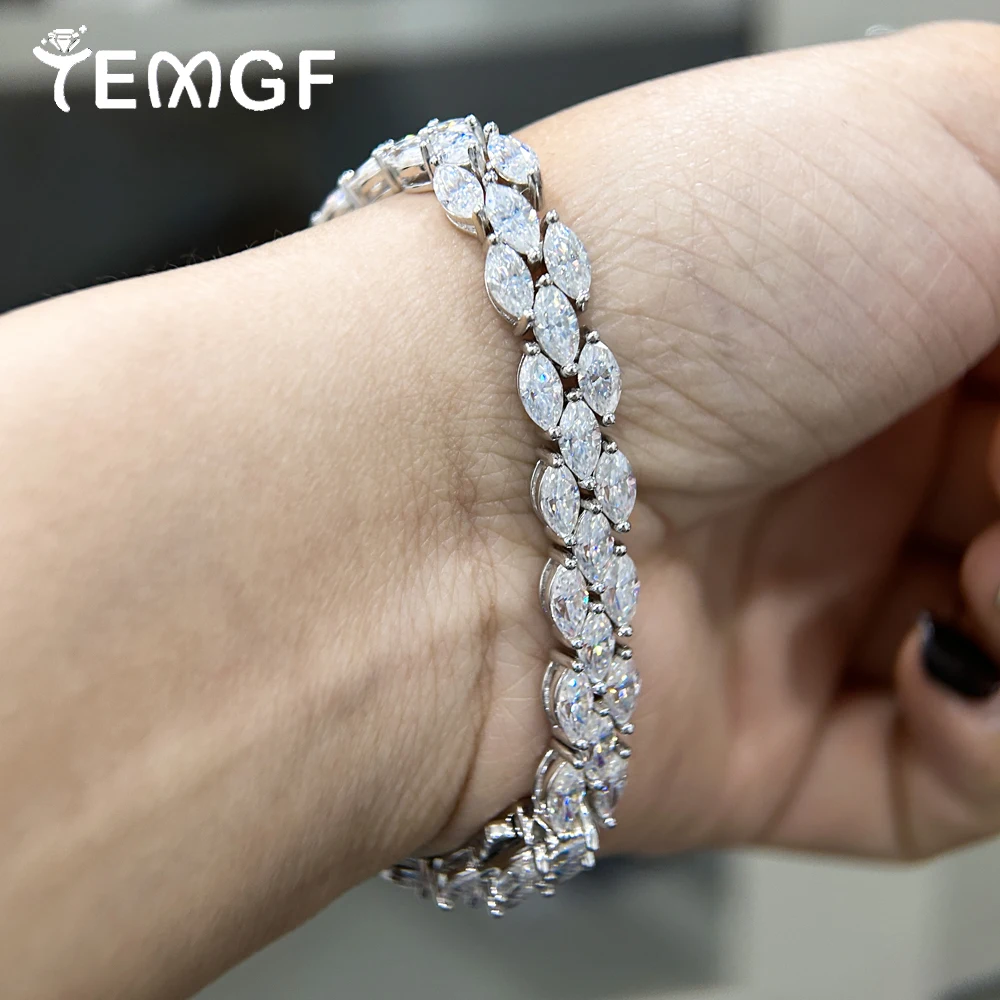 TEMGF S925 سوار الفضة 0.3CT ماركيز مويسانيتي البطانة 15-18 سنتيمتر طول للنساء موضة أنيقة غرامة مجوهرات