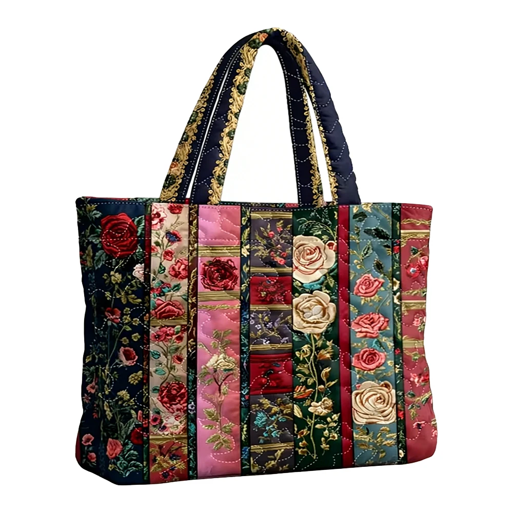 

Lady's Vintage Floral Quilted Tote Capacity Rose Patchwork Shoulder Bag Women Daily Handbag For Shopping