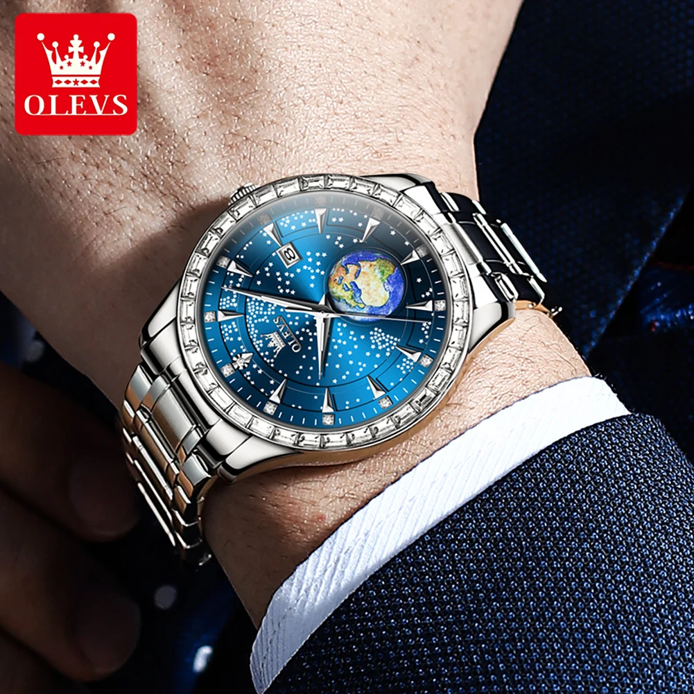 OLEVS Mens Watches Top Brand Luxury Blue Leather Waterproof Luminous Calendar Quartz Watch for Men Business Wristwatch Reloj