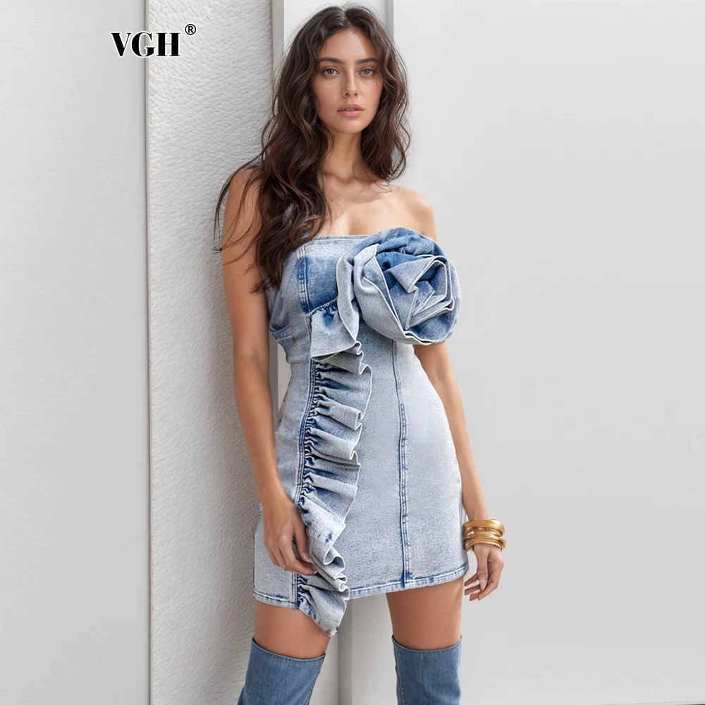 

VGH Summer Backless Denim Dress For Women Strapless Sleeveless High Waist Patchwork Appliques Slim Mini Dresses Female