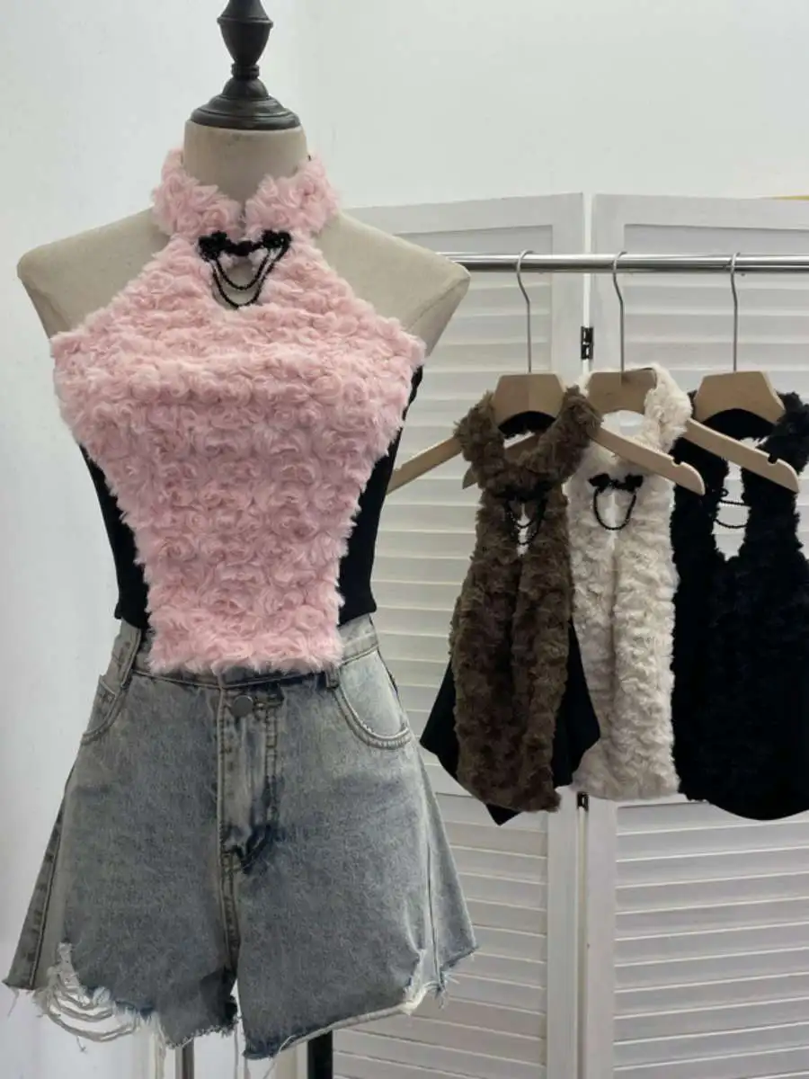 

Sexy ort Svel Vest Hollow out Splicing Base Layer Thin Fce Ne Hanging Button Real ot Fem Summer Top