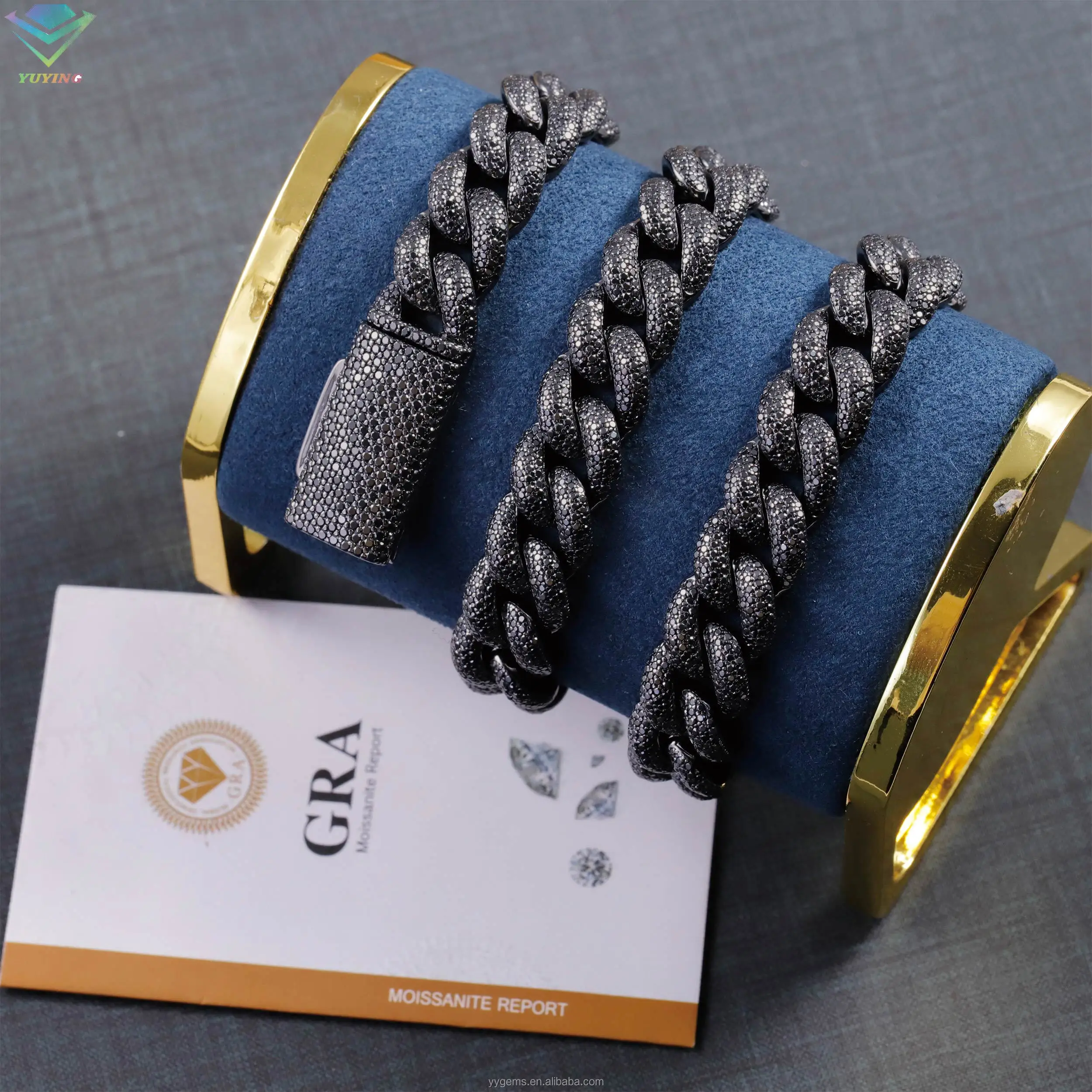 Diamond 2rows .VVS Iced Out 13mm S925 Silver Round Brilliant Cut Black Rhodium Plated GRA Mans Hiphop Cuban Link Chain Necklace
