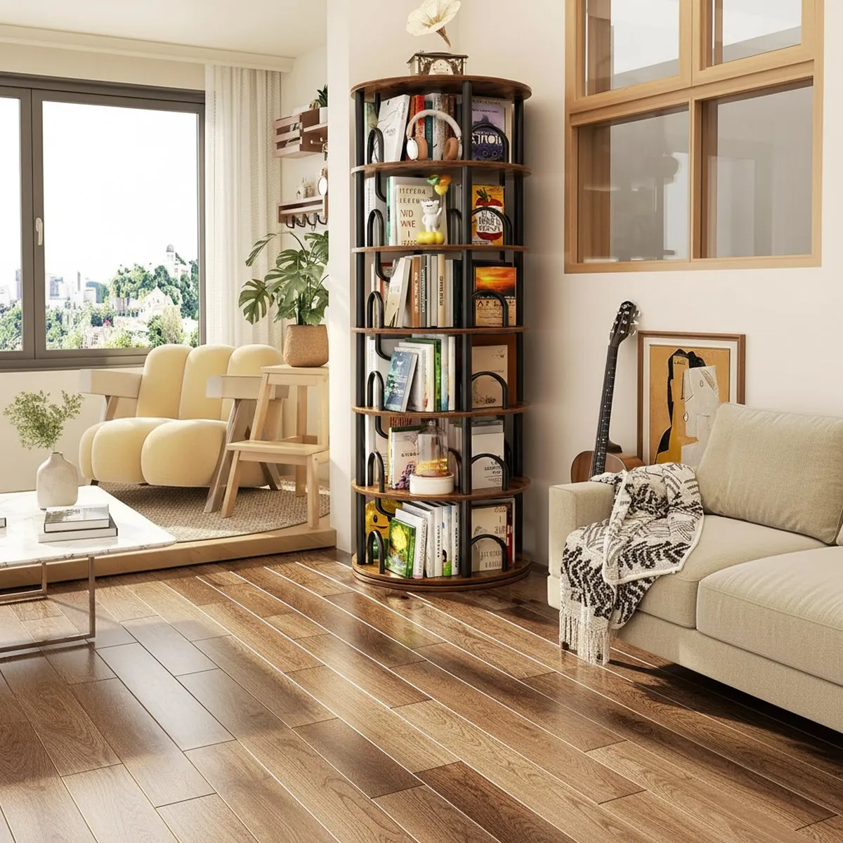 Rotating Book Shelf 6 Tier Tall Narrow Swivel Rustic Brown Small Space Organizer