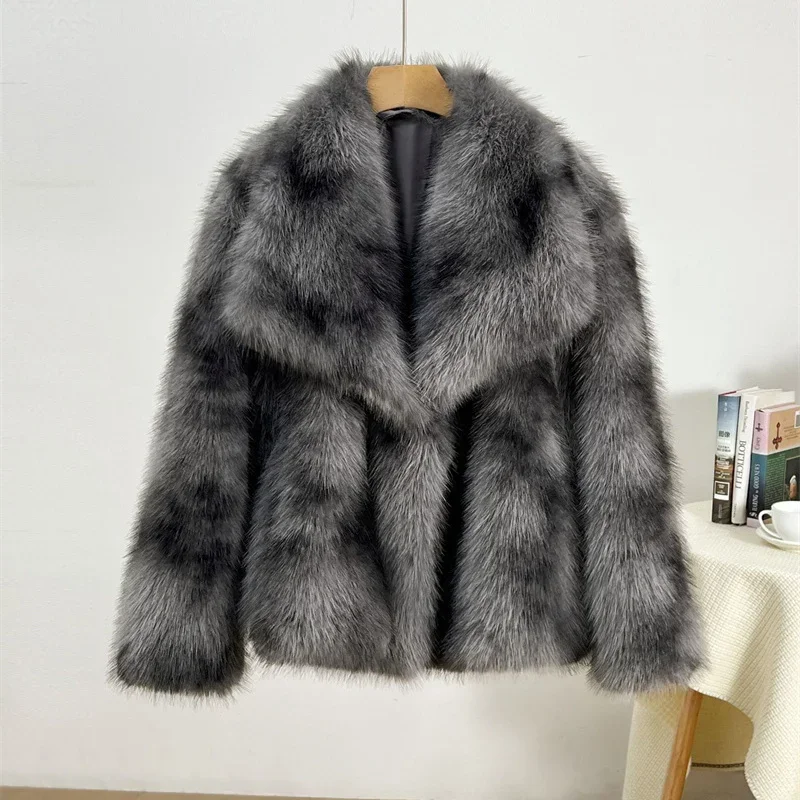 2025 Winter Fashion Faux Fur Coat Women Printed Fox Short Jacket Loose Streetwear Overcoat Collar Outerwear