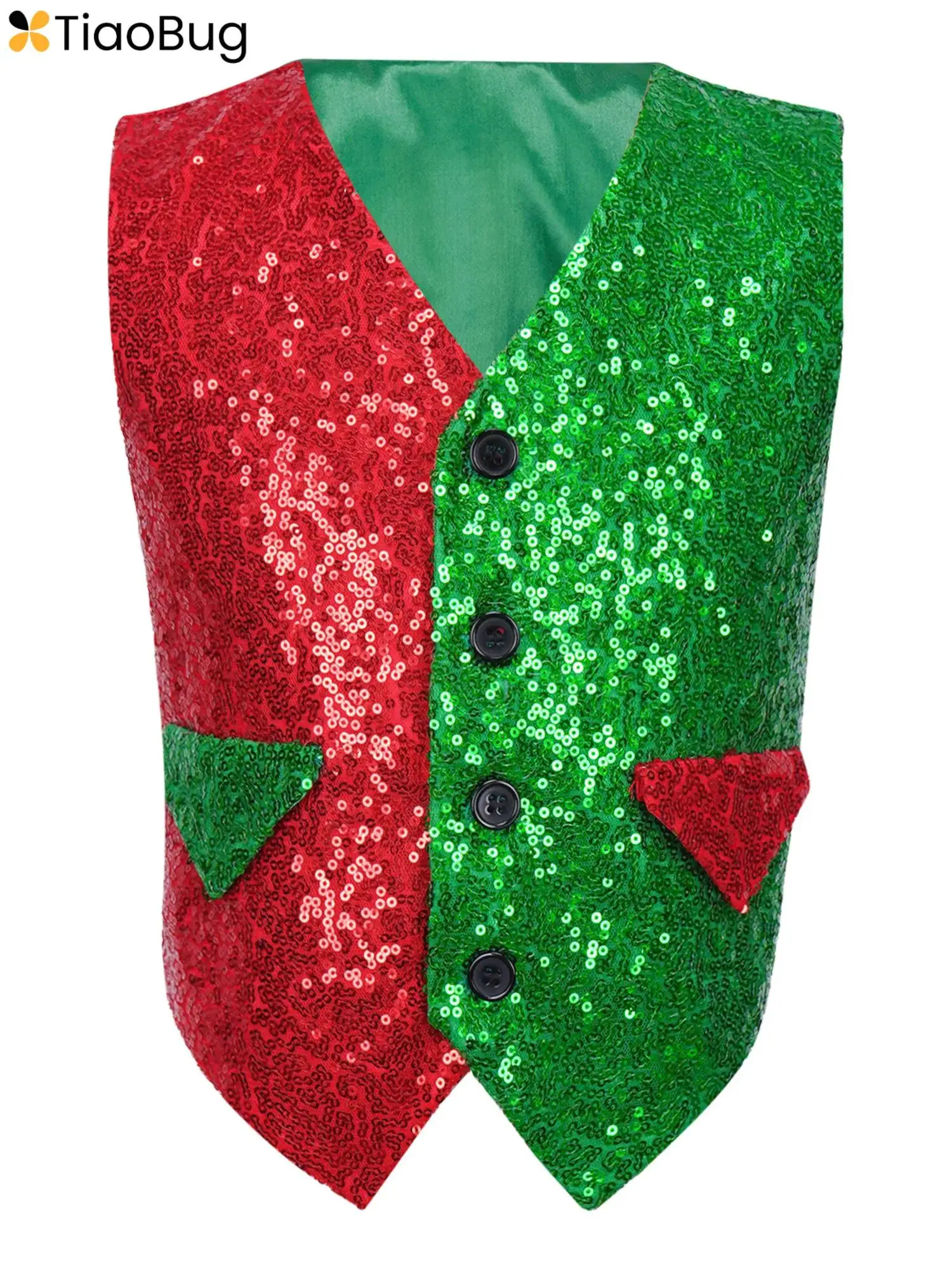 

Kids Boys Sparkly Sequins Christmas Santa Elf Vest Jacket Waistcoat Sleeveless Latin Jazz Dance Tops Xmas Party Disco Costume