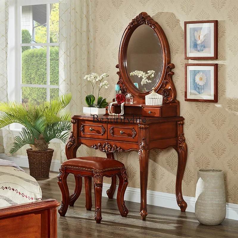 

American all-solid wood dresser European retro carved dresser with mirror