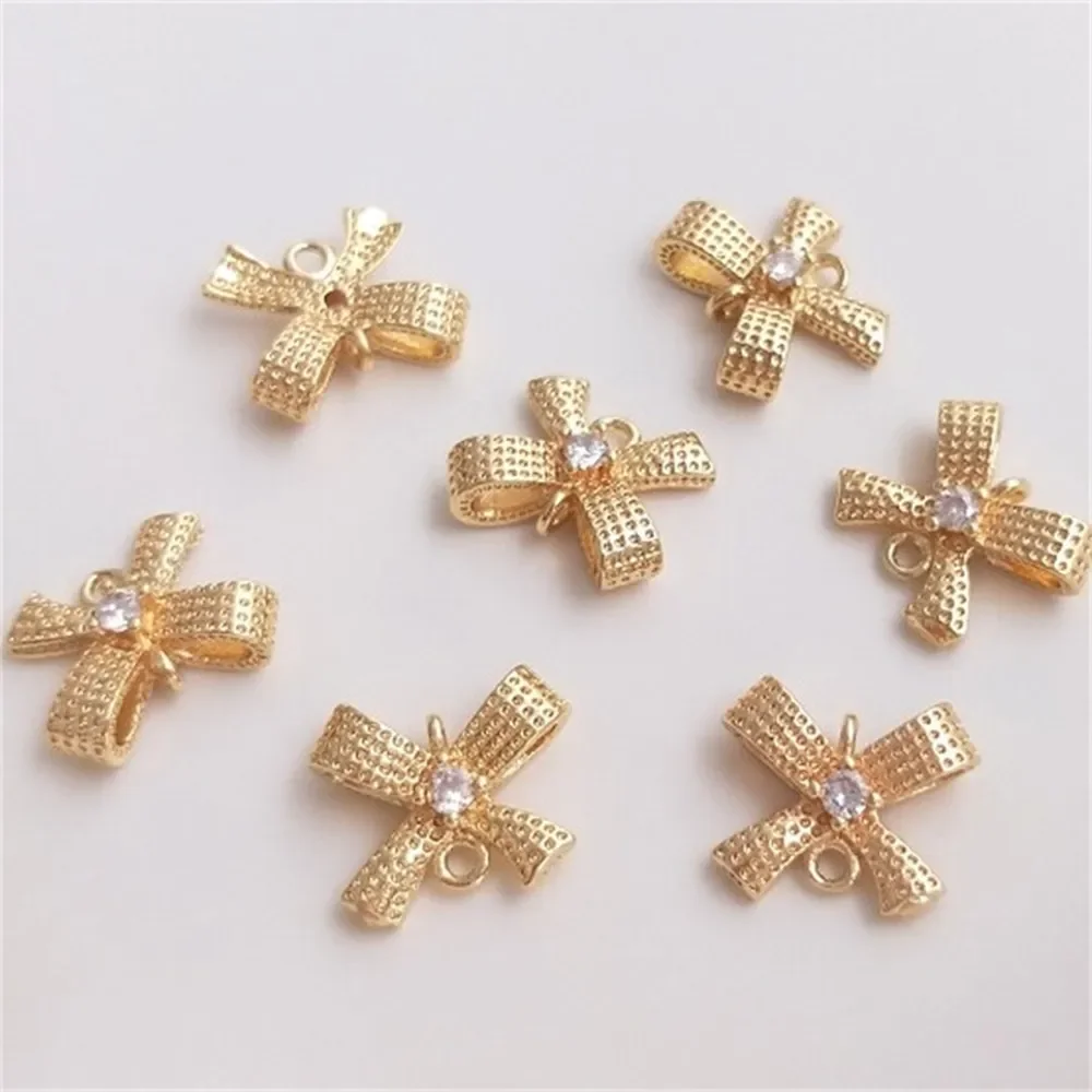 

14K Gold Inlaid Zirconium Three-dimensional Bow Double Hanging Accessories DIY Earring Jewelry Bracelet Pendant Accessories K154