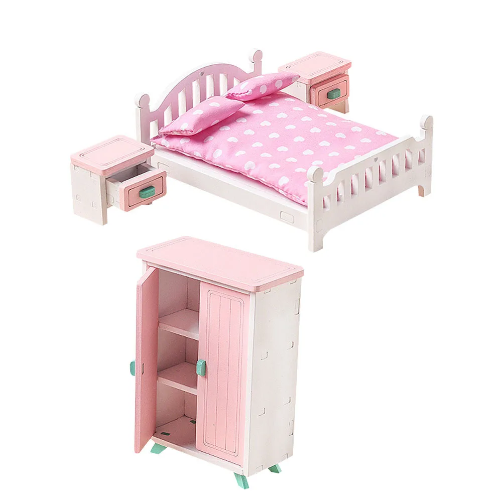 1Set Mini Houten Bed en Nachtkastje Set voor Miniatuur Huisindeling Lichtgewicht Realistisch Houten Meubilair Decoratieve Thuisscène