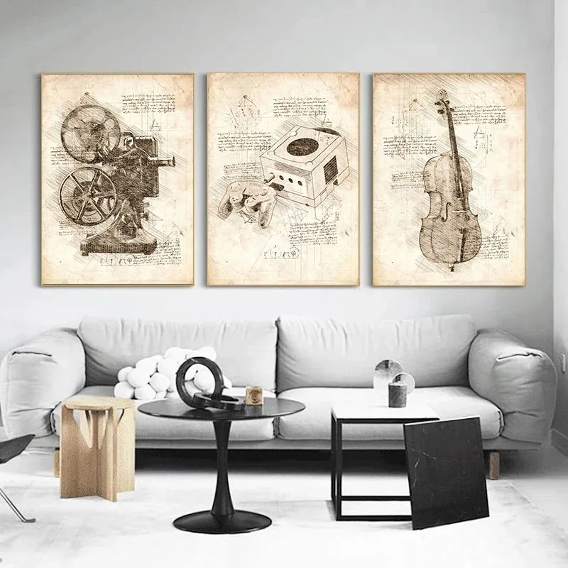 Vintage streszczenie Da Vinci inspirowane szkice płótno malarstwo plakaty i druki obrazy na ścianę na wystrój salonu Cuadros