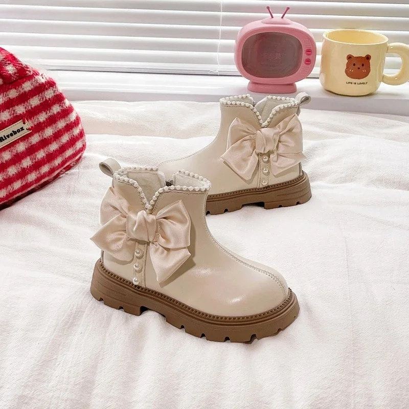 

Элегантные детские хлопковые сапоги с бантом, зимние модные повседневные ботинки для девочек для принцессы, детские ботильоны на толстой подошве, милая молния