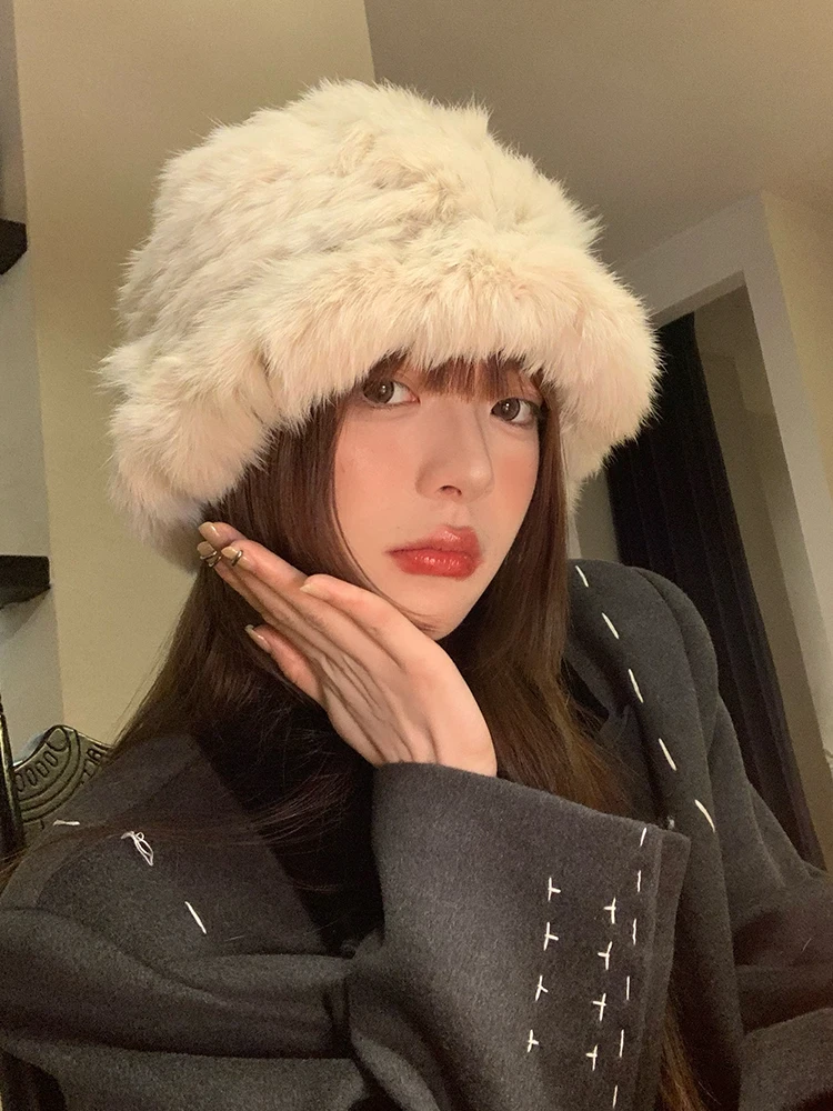Women's Knitted Hat Rabbit Fur Fluffy Warm Ear Protection Fishing Cap Autumn Winter Small Face Effect Soft Cozy Casual Style