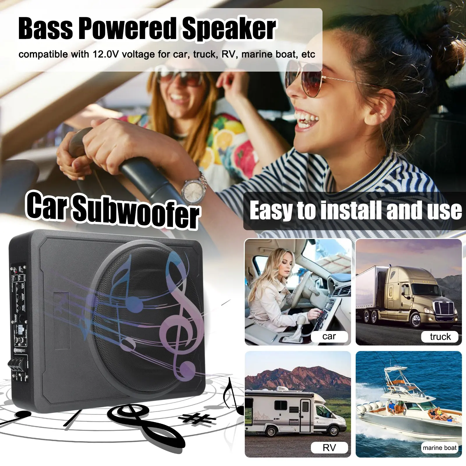 New Car Bass Box Audio Underseat Active Amplified Subwoofer Bass Slim Amplifier Bass High Power Speaker 12V 800W 10inch