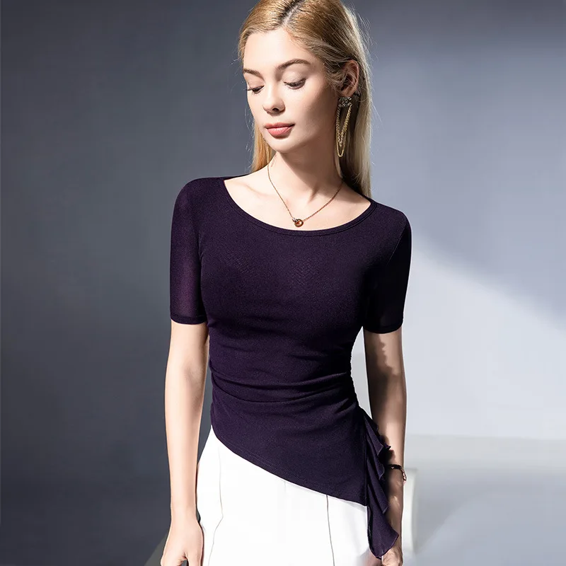 

New 2025 Women's Design Sense Foreign Half Sleeve Top Purple Mesh Y2k Girls Alo
