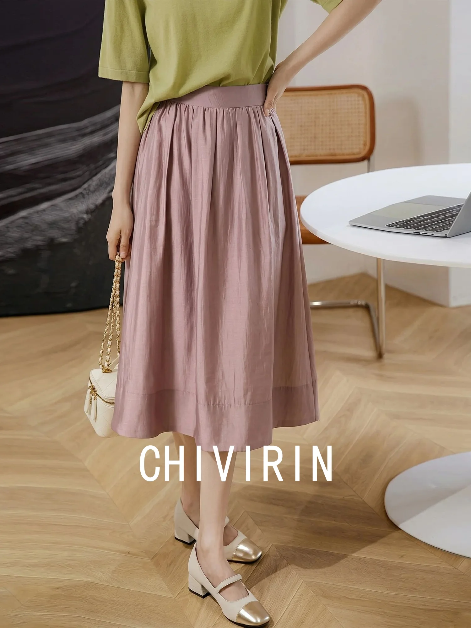 

Элегантная женская юбка миди А-силуэта с завышенной талией из хлопково-шелковой смеси, стройнящая, в стиле «Нежный ветер», для повседневной носки