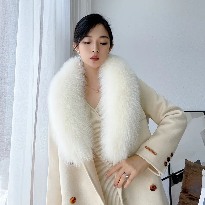 New style real fox fur collar scarf woolen coat collar winter warmth for men and women thickened 100cm long shawl accessories