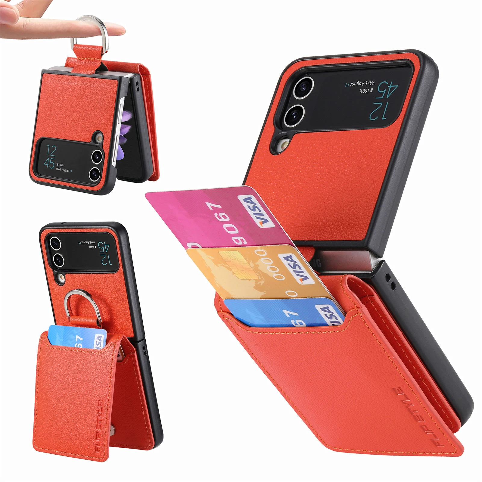 

Wallet Phone Case For Samsung Z Flip 7 6 5 4 3 Finger Ring Card Holder Stand Shockproof Lychee Pattern Pu Leather Cover zflip7