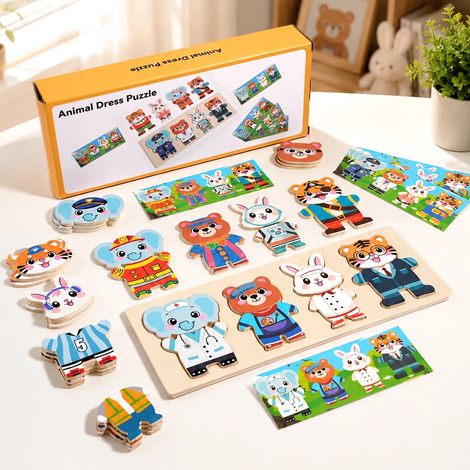 Wooden Dress Up Puzzles Montessori Toys Animal Bear Change Clothes Jigsaw Puzzle Box Matching Games Dressing Kid's Travel Set