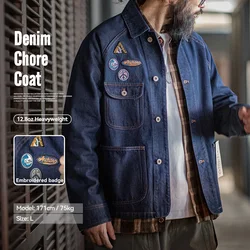 Maden Vintage Embroidered Badge 12.8oz Heavyweight Denim Jacket Washed Lapel Casual Outerwear for Men Spring and Fall Chore Coat