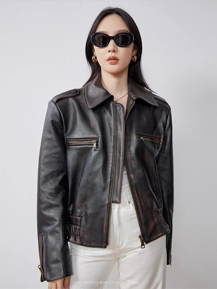 

Retro Classic Genuine Leather Motorcycle Jackets for Women Spring Autumn 2026 High-end Simple Loose Real Goatskin Leather Coat