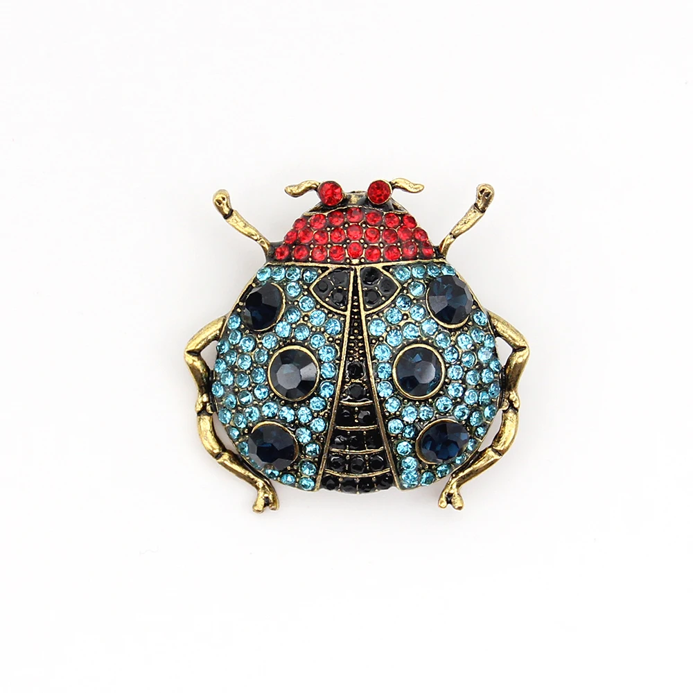 10pcs/lot Vintage Blue Crystal Ladybug Pins Brooch Rhinestone Animal Insect Brooches for Women