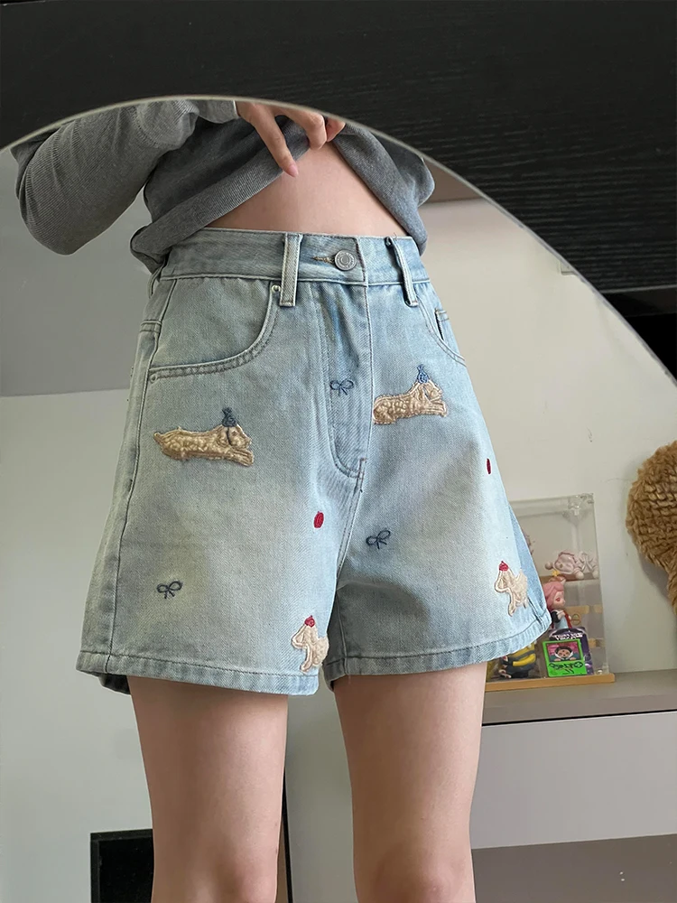 

Large size women's high waisted fat mm puppy embroidered fashion denim short pants design sense wide leg hot pants