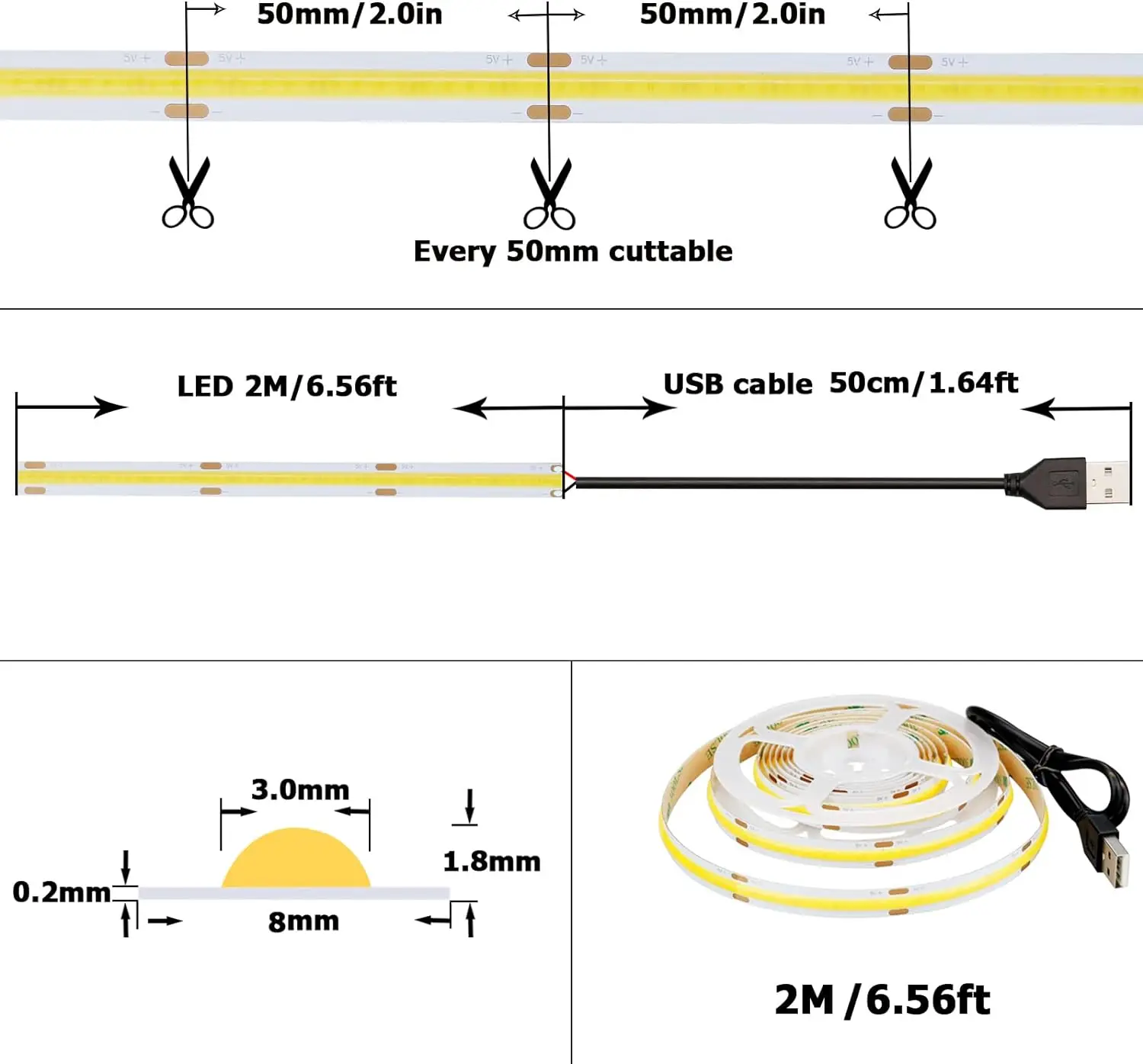 DC 5V USB LED COB Strip White Warm White LED Strip Light TV Background Lighting Tape Home Decor Lamp 1- 5m LED String Light