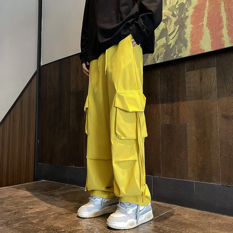 New Men's Pants Ribbons Hip Hop Streetwear Big Pocket Drawstring Yellow Black Draped Loose Long Straight Young Trousers Man