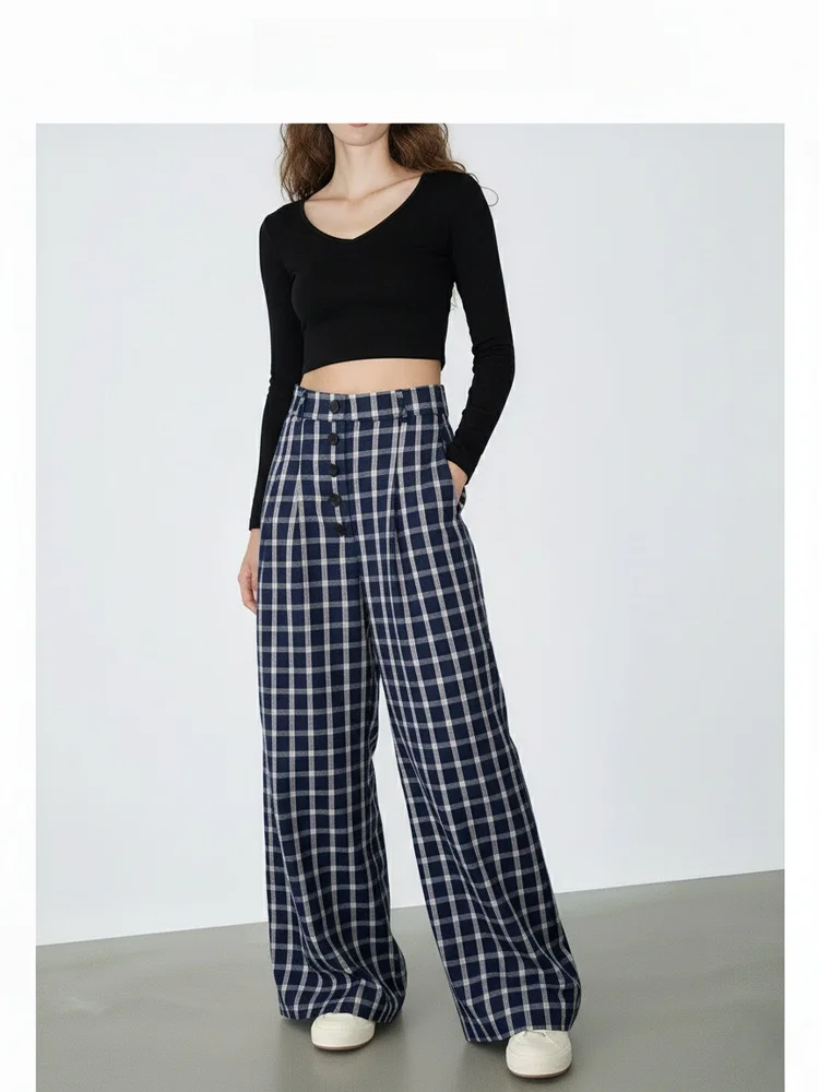 

Retro American Plaid High Waist Draped Wide Leg Pants Women's Casual Loose Fit Trousers Hip Concealing Slimming Swing Pants