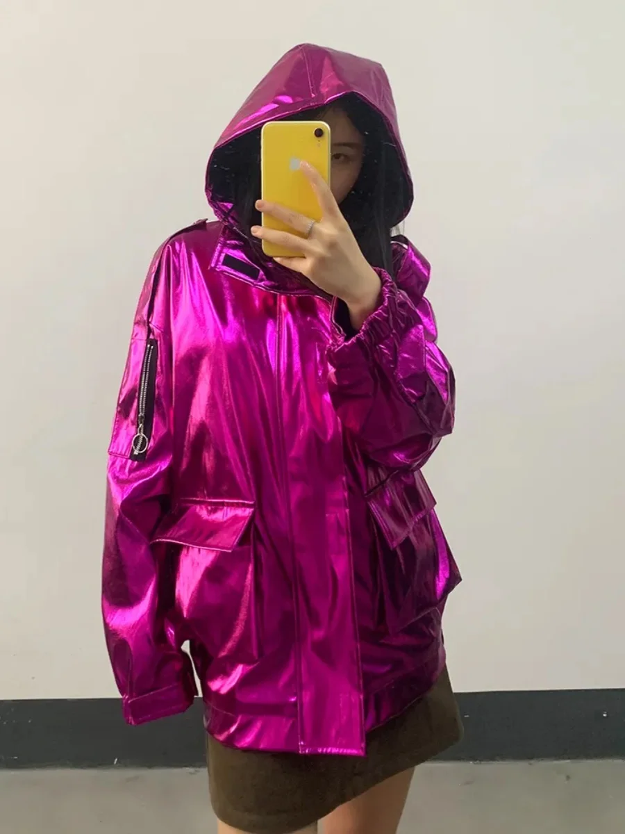 Nerazzurri Women's Oversize Hooded PU Leather Jacket High Gloss Street Style Zipper Detail Long Sleeve Coat Spring Autumn
