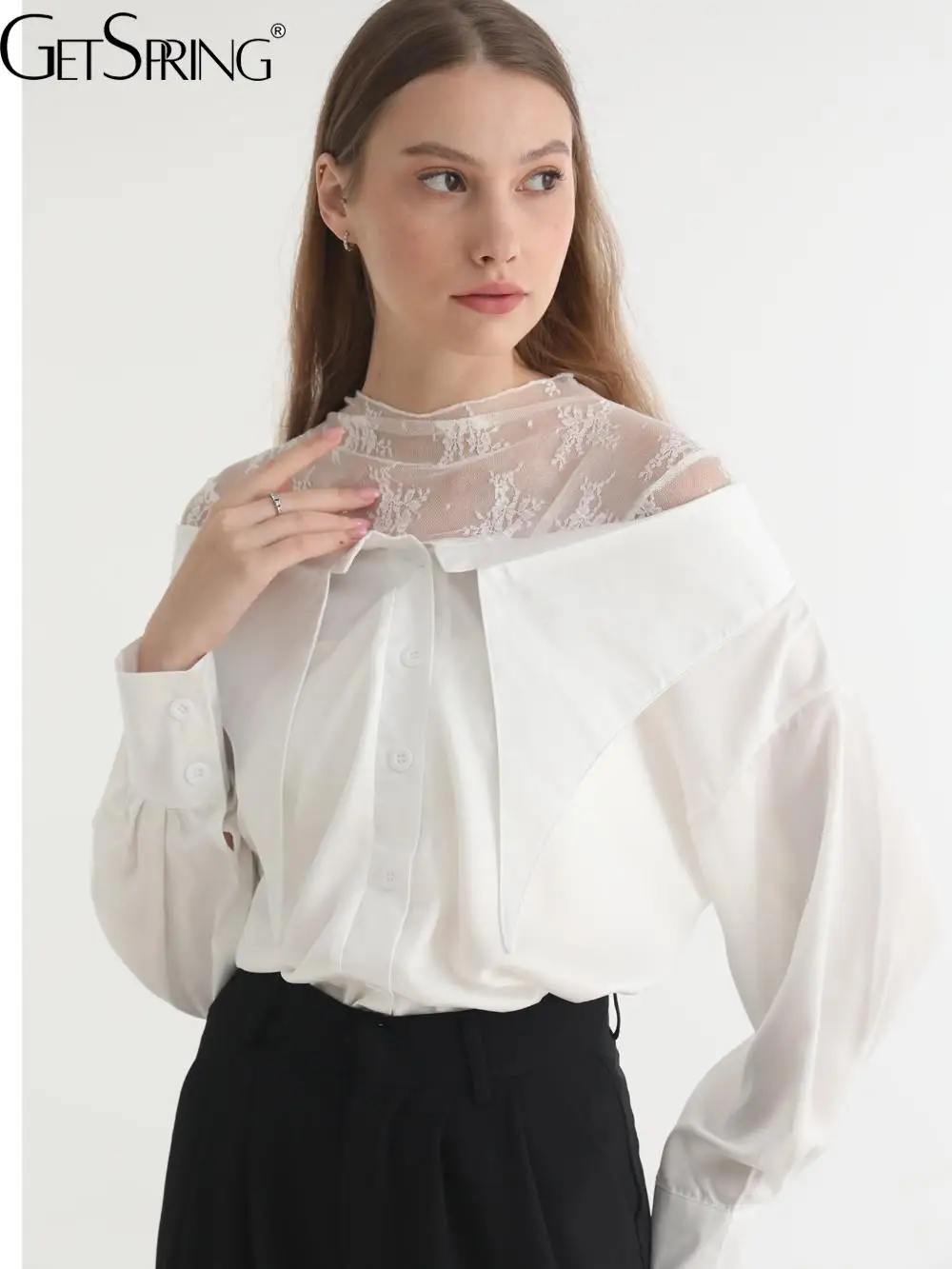 Getspring Women Shirt Asymmetry Lace Patchwork White Blouse Long Sleeve Fake Two Color Matching Casual Shirt Tops 2024 New