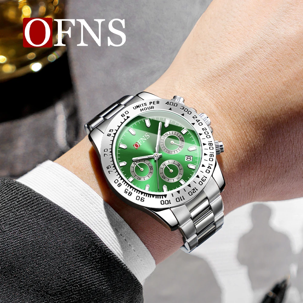 OFNS ماركة 1525 ساعة كوارتز رجالية عصرية وغير رسمية التقويم سوار فولاذي ستة إبرة الطلب الكبير ساعات رجالية 2026