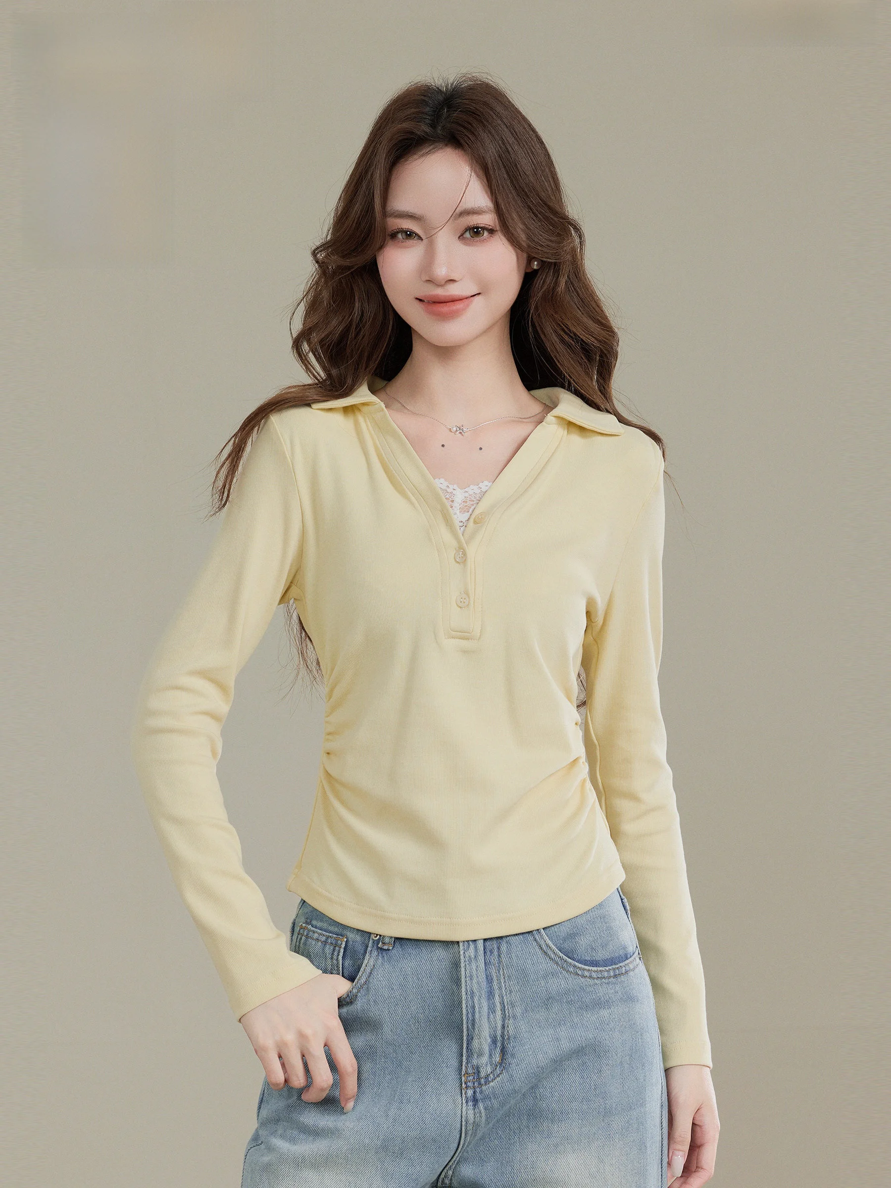 

Желтая женская футболка-майка с длинным рукавом из смесового хлопка и полиэстера Lingjiu