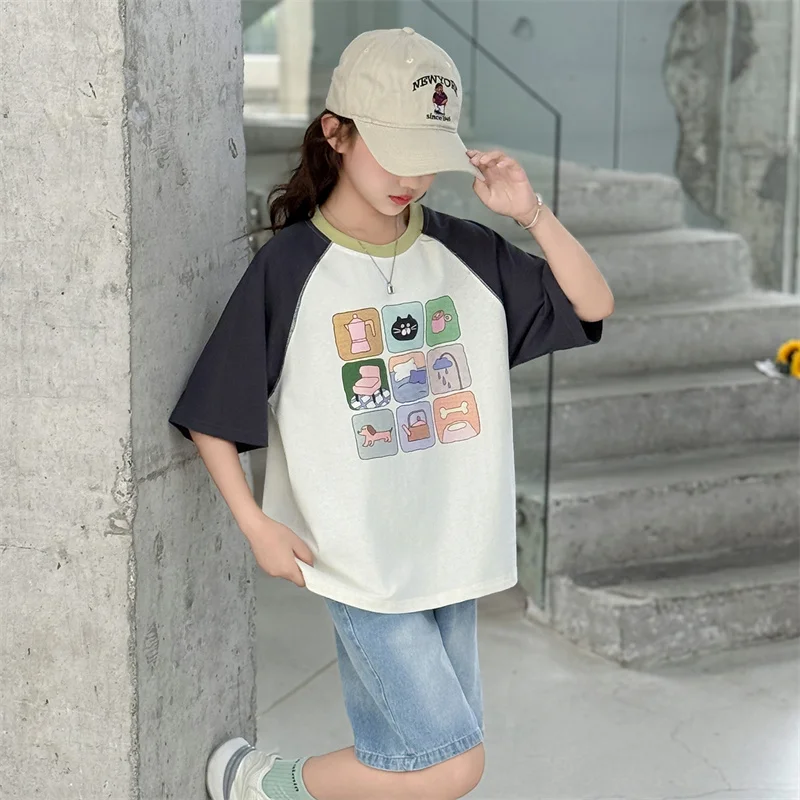 Elegant Girls Summer Top and Bottom Set for Kids Child Casual Cotton T-shirt And Denim Shorts 2 Pieces Clothing Suit Outfit 5-14