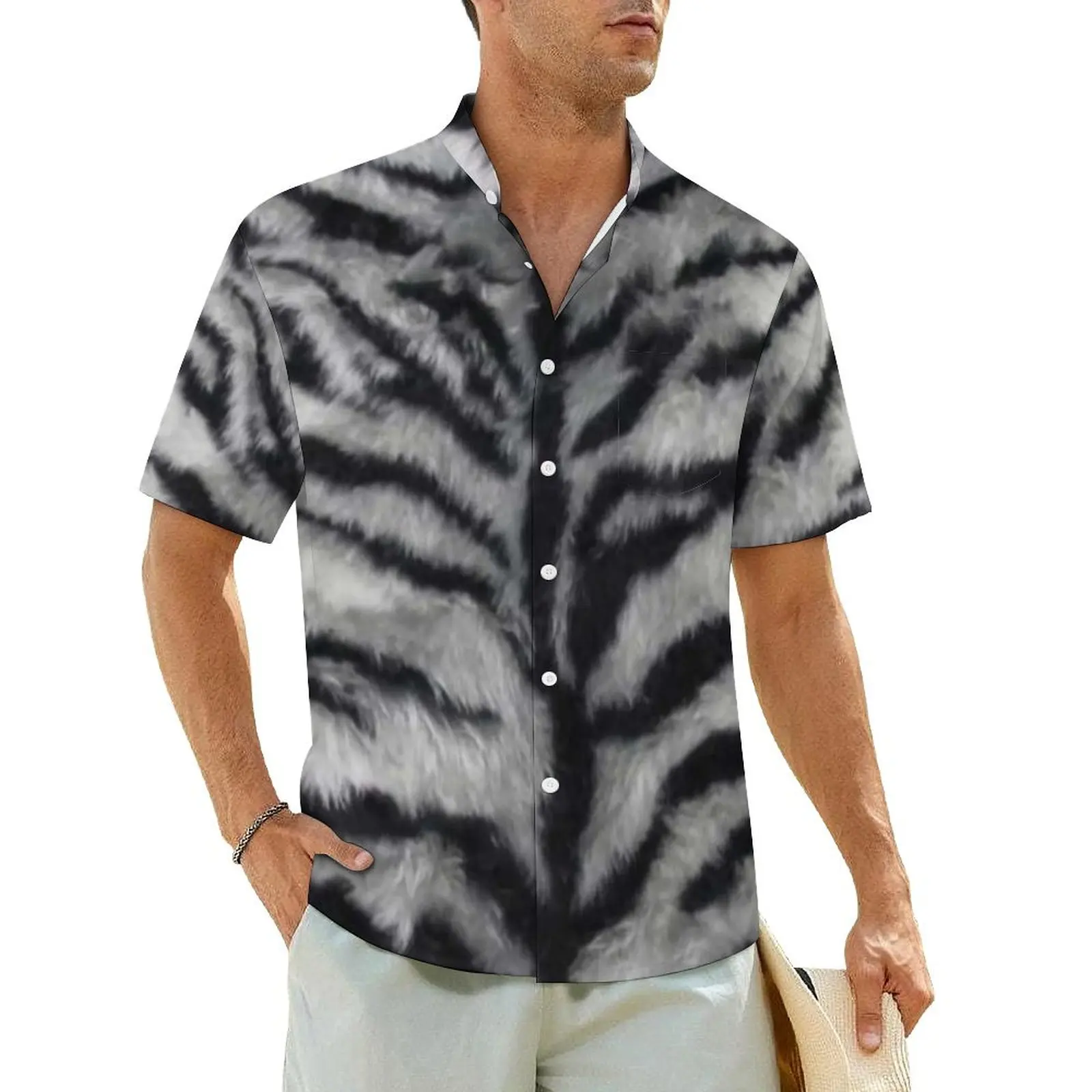 Hawaiian Shirt Beach Animal Fur Print Blouses Black White Tiger Stripe Vintage Casual Shirts Men Short Sleeve Y2K Oversize Tops