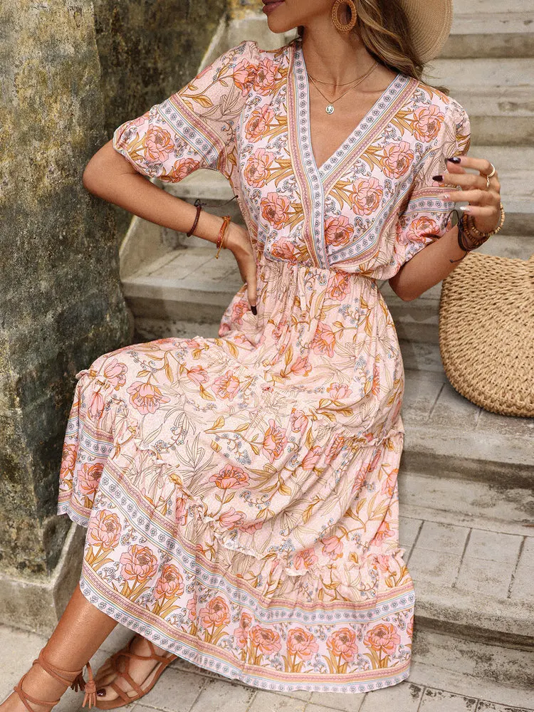 Women Dress Summer Viscose Bohemian Print Dresses  Pink Stringy Selvedge V-neck Midi Dress Ladies Holiday Chiffon Dresses Dress