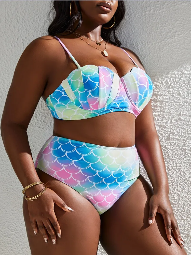 Plus Size Bikini zestaw stroje kąpielowe kobiety 2024 Sexy syrenka Shell Push Up z fiszbinami 3-częściowy strój kąpielowy kobieta Tankini strój